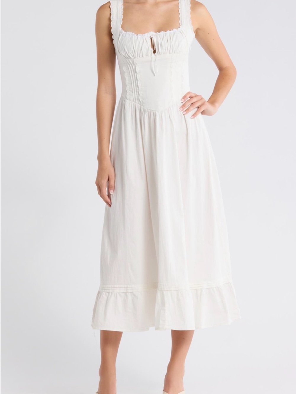 BDG White Midi Dress with Ruching and Tie Front